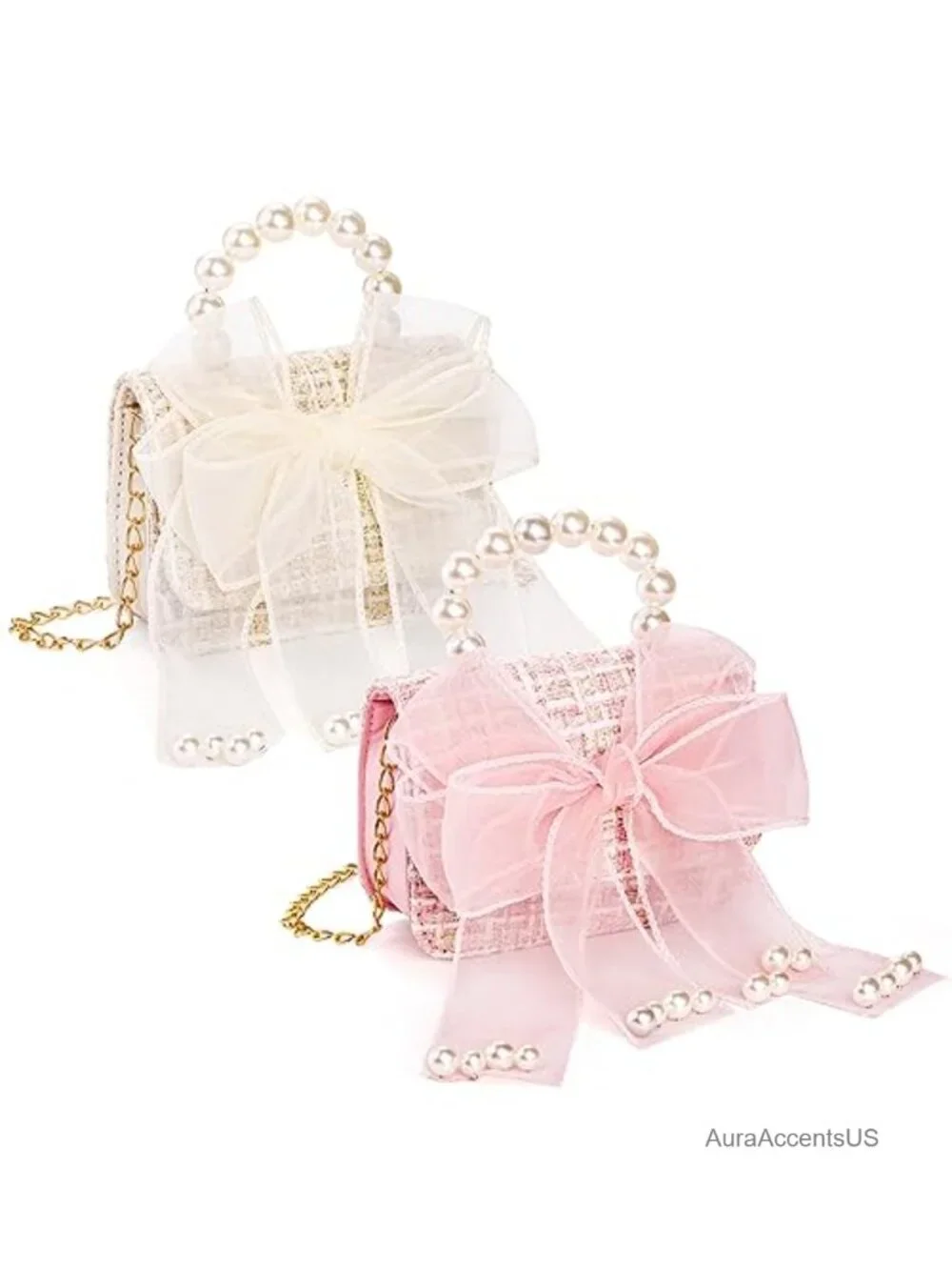 Kids Mini Crossbody Purse with Bowknot, Pearl Handle, Detachable Gold Chain, 2